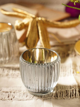 Pure Home + Living - Set of 2 Silver Ribbed Texture Tealight Holders