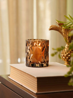 Pure Home + Living - Dark Amber Diamond Cut Glass Tealight Holder (Pack of 2)