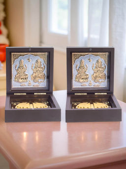Golden Peacock - Shubh Labh Pooja Box of Laxmi Ganesh with Gold-Toned Feet - Brown (Pack of 2)