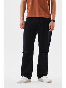 Snitch - Black Knee Rips Baggy Casual Jeans for Men