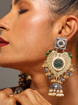VENI - 18K Gold-Plated Artificial Stones Studded and Beaded Dome Shaped Earrings
