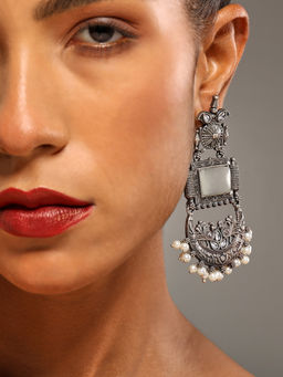 VENI - 92.5 Silver Plated Oxidised Artificial Stones and Beads Geometric Chandbalis Earrings