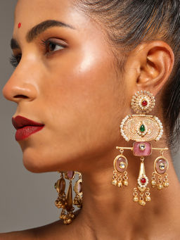 VENI - Glod Plated Oxidised Artificial Stones and Beads Oxidised Square Drop Earrings