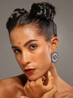 VENI - Gold-Plated Artificial Stones Studded and Beaded Oxidised Circular Stud Earrings