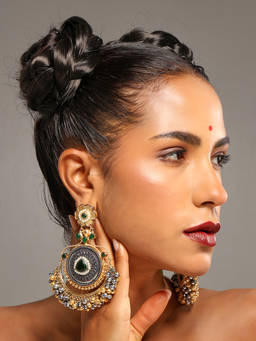 VENI - 92.5 Silver-Plated Artificial Stone and Beaded Oxidised Drop Earrings