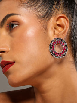 VENI - 92.5 Silver-Plated Artificial Stone Studded and Beaded Oxidised Stud Earrings