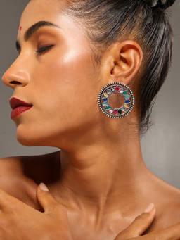 VENI - 92.5 Silver-Plated Artificial Stone Shaped Oxidised Stud Earrings