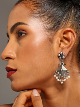 VENI - 92.5 Silver-Plated Beaded Contemporary Oxidised Drop Earrings