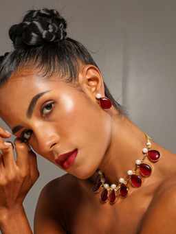 VENI - 18K Gold Plated Brown Stone and Beaded Jewellery Set