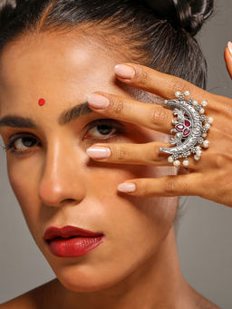 VENI - 92.5 Silver-Plated Artificial Stones Studded Oxidized Finger Ring