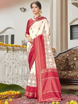 Akhilam - Women Silk Blend Off White Printed Celebrity Saree with Unstitched Blouse