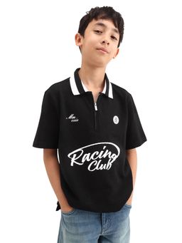 RARE ONES - Black Cotton Typography Polo T-Shirt