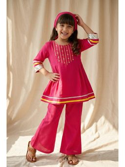Tales & Stories - Pink Polyester Embroidered Kurti With Pant