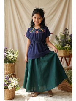 Tales & Stories - Navy Blue Polyester Embroidered Top With Skirt