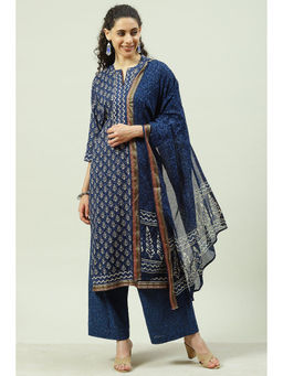 Biba - Blue Cotton Unstitched Suit (Set of 3)