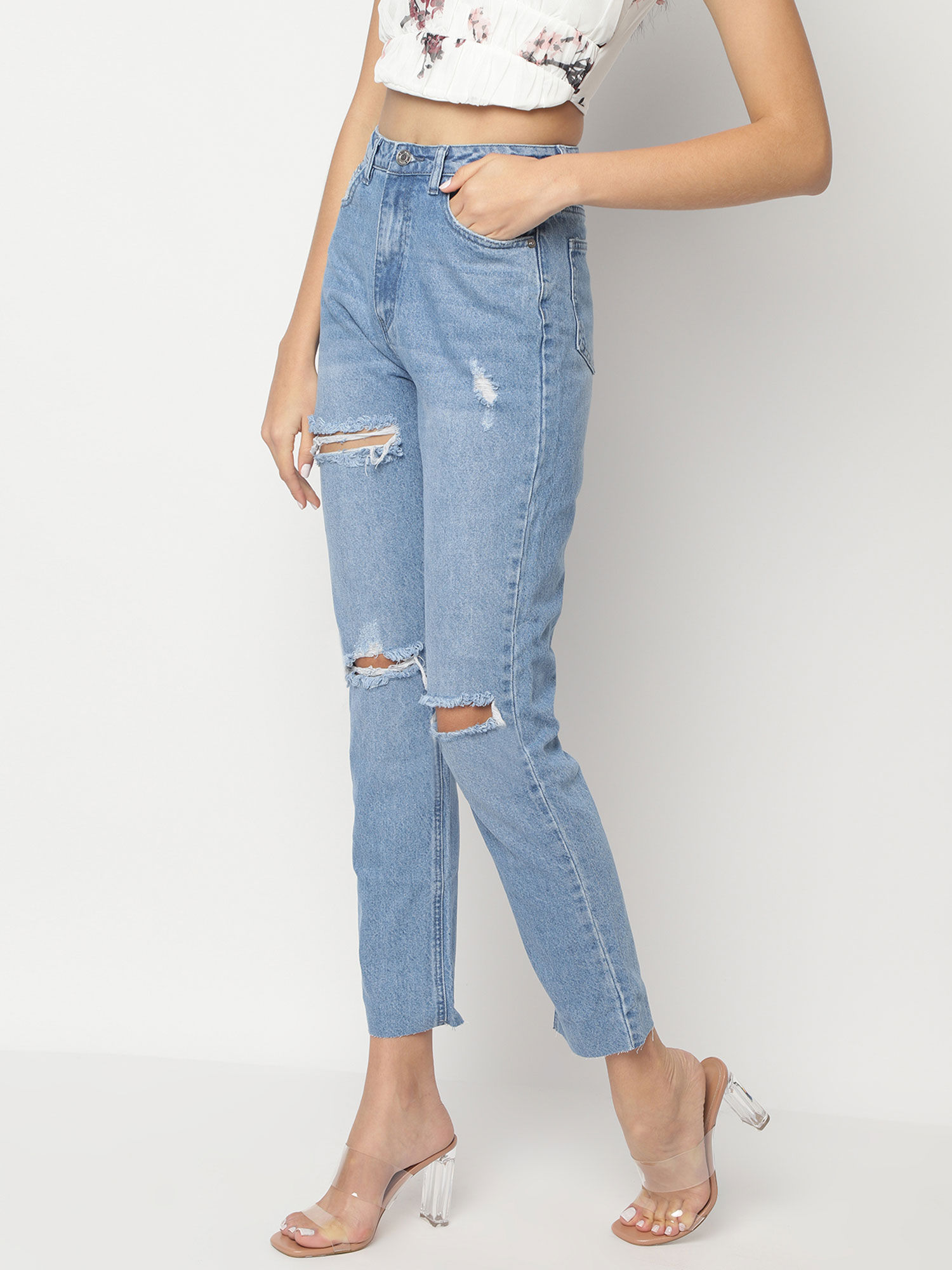 Waisted Slash Straight Leg Jeans 