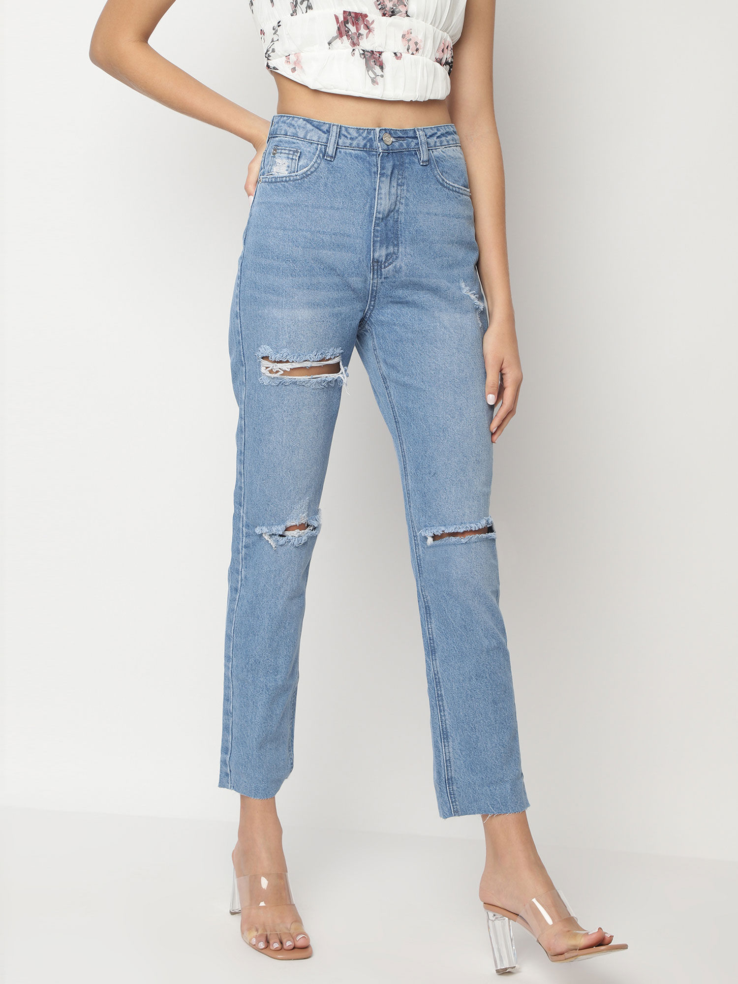 Waisted Slash Straight Leg Jeans 