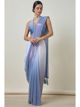 Soch - Women's Grey Chiffon Solid Saree With Unstitched Blouse With Tassels