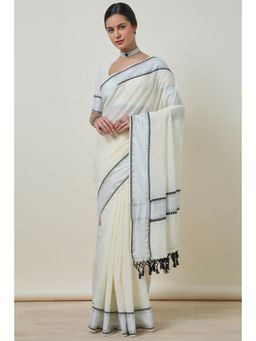 Soch - Women's Cream Cotton Blend Woven Design Saree With Unstitched Blouse