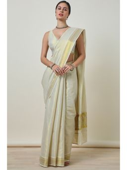 Soch - Women's Gold Tissue Zari Woven Kasavu Saree With Unstitched Blouse