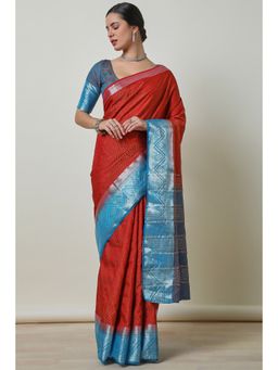 Soch - Women's Red Art Silk Woven Design Saree With Unstitched Blouse