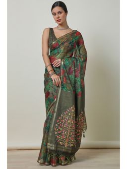 Soch - Women's Olive Organza Saree With Unstitched Blouse
