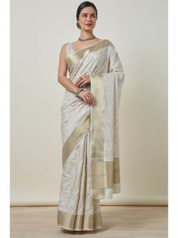 Soch - Women's Beige Tussar Embroidered Saree With Unstitched Blouse