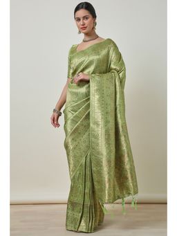 Soch - Women's Light Green Tussar Zari Woven Saree With Unstitched Blouse