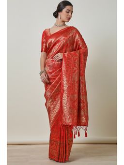 Soch - Women's Red Tussar Zari Woven Saree With Unstitched Blouse