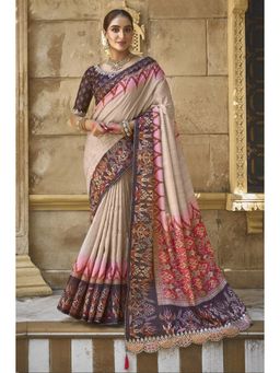 Mysilklove - Bone Cream And Pink Banarasi Designer Saree With Unstitched Blouse