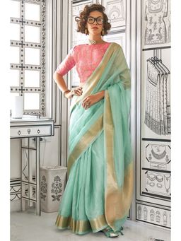 Mysilklove - Bright Turquoise Blue Chiffon Handloom Saree With Unstitched Blouse