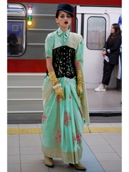 Mysilklove - Gulf Stream Green Handloom Katan Silk Saree With Unstitched Blouse