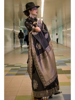 Mysilklove - Thunder Black Katan Handloom Silk Saree With Unstitched Blouse