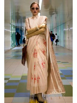 Mysilklove - Calico Cream Katan Handloom Silk Saree With Unstitched Blouse