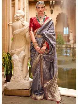 Mysilklove - Mulled Navy Blue Zari Woven Banarasi Saree With Unstitched Blouse