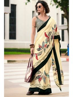 Mysilklove - Bisque Cream Printed Satin Crepe Saree With Unstitched Blouse