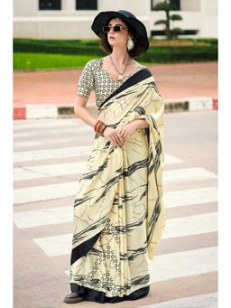 Mysilklove - Bavarian Cream Printed Satin Crepe Saree With Unstitched Blouse