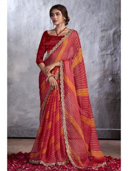 Mysilklove - Fire Red Designer Georgette Stripes Saree With Unstitched Blouse