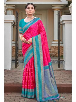 Mysilklove - Razzmatazz Pink Woven Banarasi Saree With Unstitched Blouse