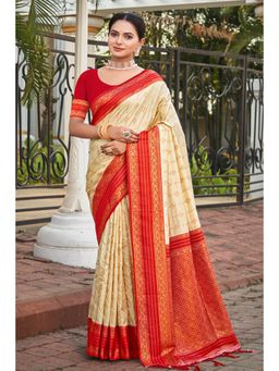 Mysilklove - Lumber Cream And Red Woven Banarasi Saree With Unstitched Blouse