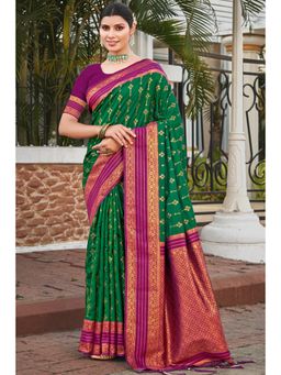 Mysilklove - County Green Woven Banarasi Saree With Unstitched Blouse