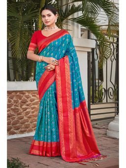 Mysilklove - Eastern Blue Woven Banarasi Saree With Unstitched Blouse