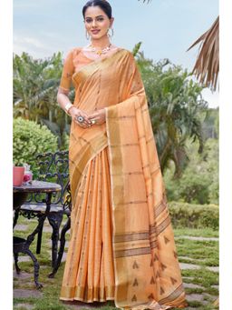 Mysilklove - Tangerine Orange Cotton Silk Saree With Unstitched Blouse