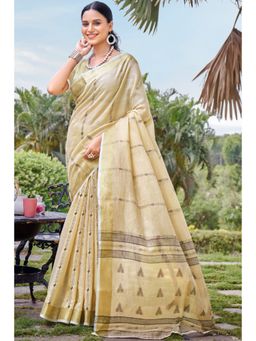Mysilklove - Ivory Cotton Silk Saree With Unstitched Blouse