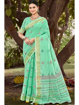 Mysilklove - Algae Green Cotton Silk Saree With Unstitched Blouse