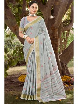 Mysilklove - Delta Grey Cotton Silk Saree With Unstitched Blouse