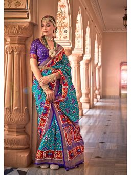 Elora - Ethnic Wear Printed Patola Silk Saree (Cyan Blue)