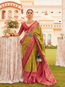 Elora - Ethnic Wear Printed Patola Silk Saree (Lemon Green)
