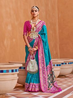 Elora - Polka Dots Printed Patola Silk Saree (Cyan Blue)