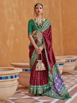 Elora - Polka Dots Printed Patola Silk Saree (Dark Maroon)